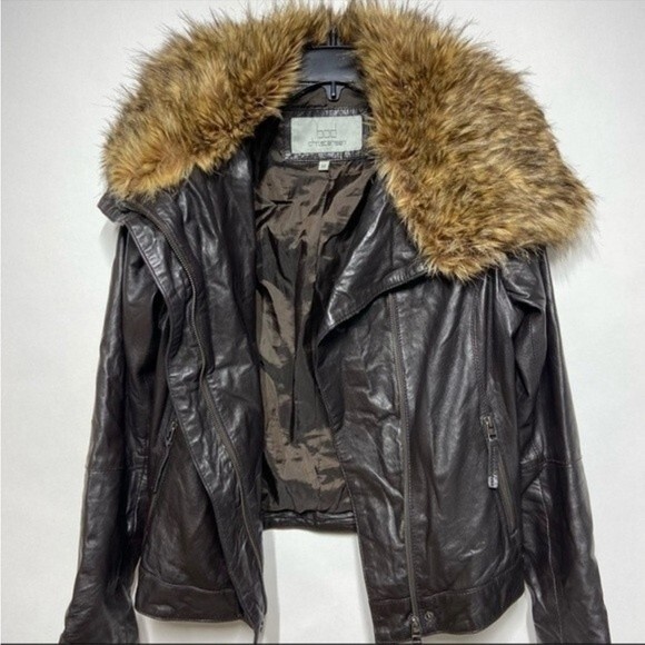 Bod Christensen Brown Leather Moto Jacket with Faux Fur Wide Collar M - Picture 4 of 13